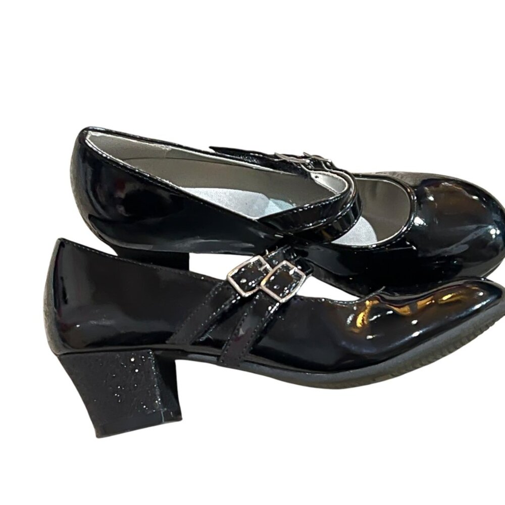 American Eagle Girls 1Y Black Patent Mary Jane Shoes Glitter Heel & Double Buckl